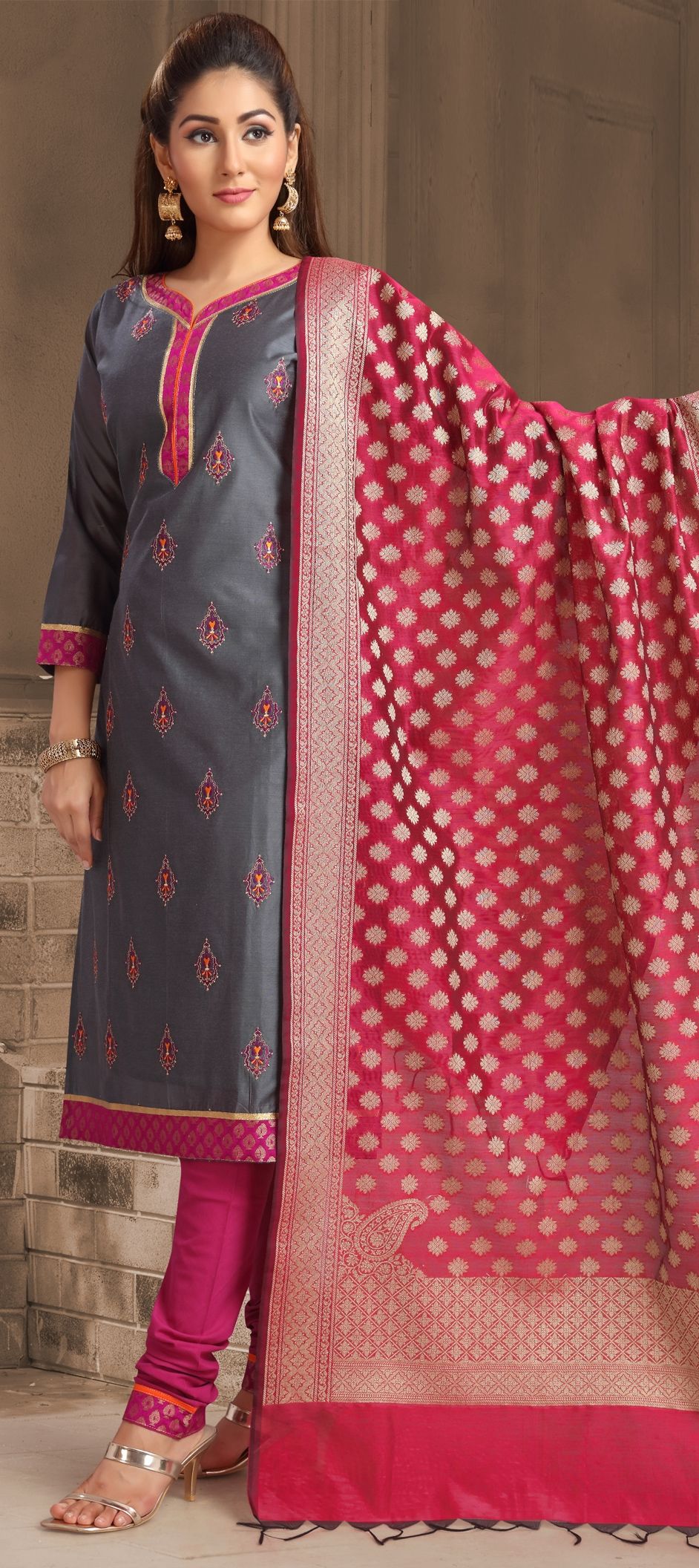 1540128 Party Wear Black and Grey color Banarasi Silk fabric Salwar Kameez