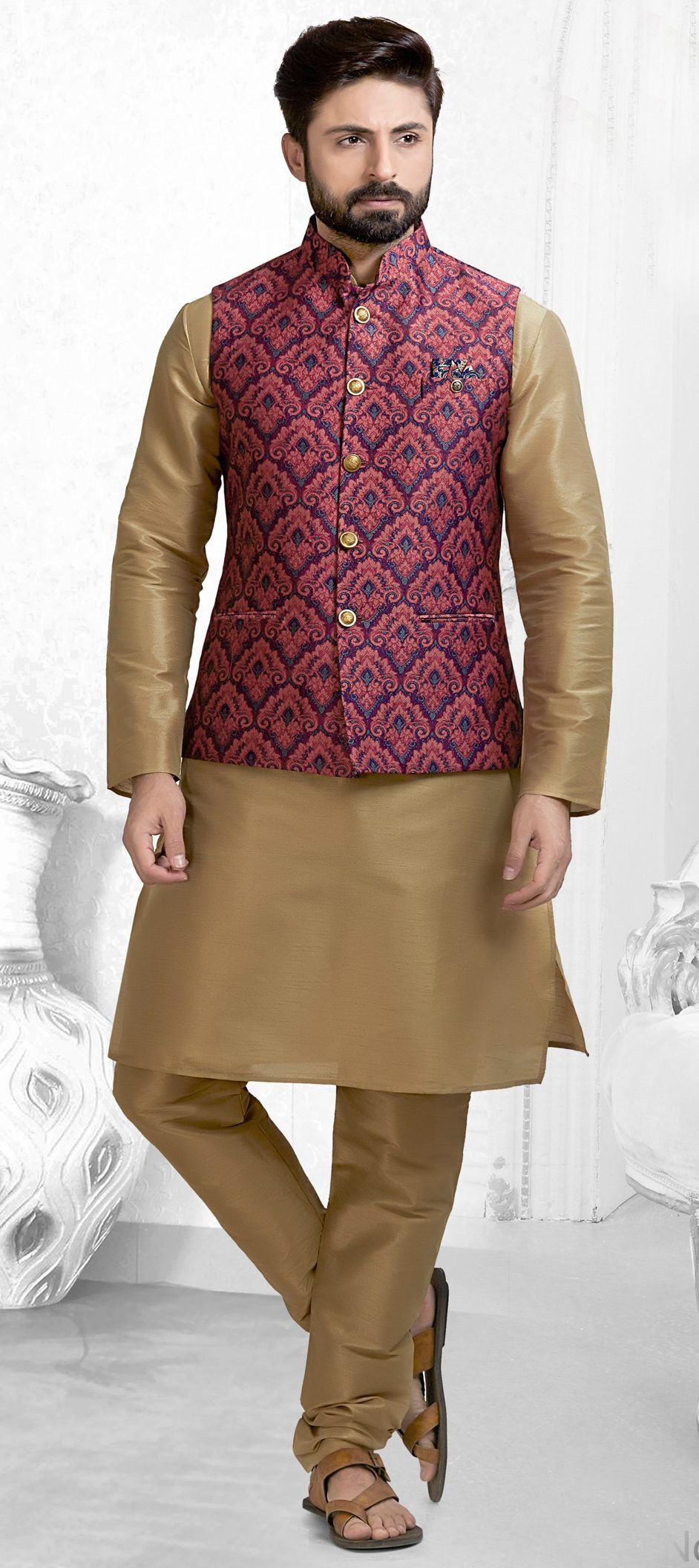 Beige Silk Jacket and Kurta Set with Resham Work