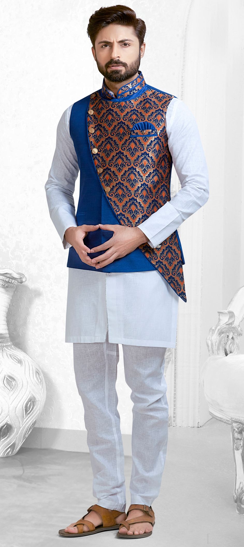 White and Off White color Linen, Silk fabric Kurta Pyjama with Jacket