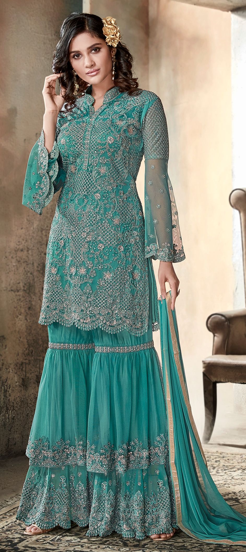 1542954 Party Wear Blue color Net fabric Salwar Kameez