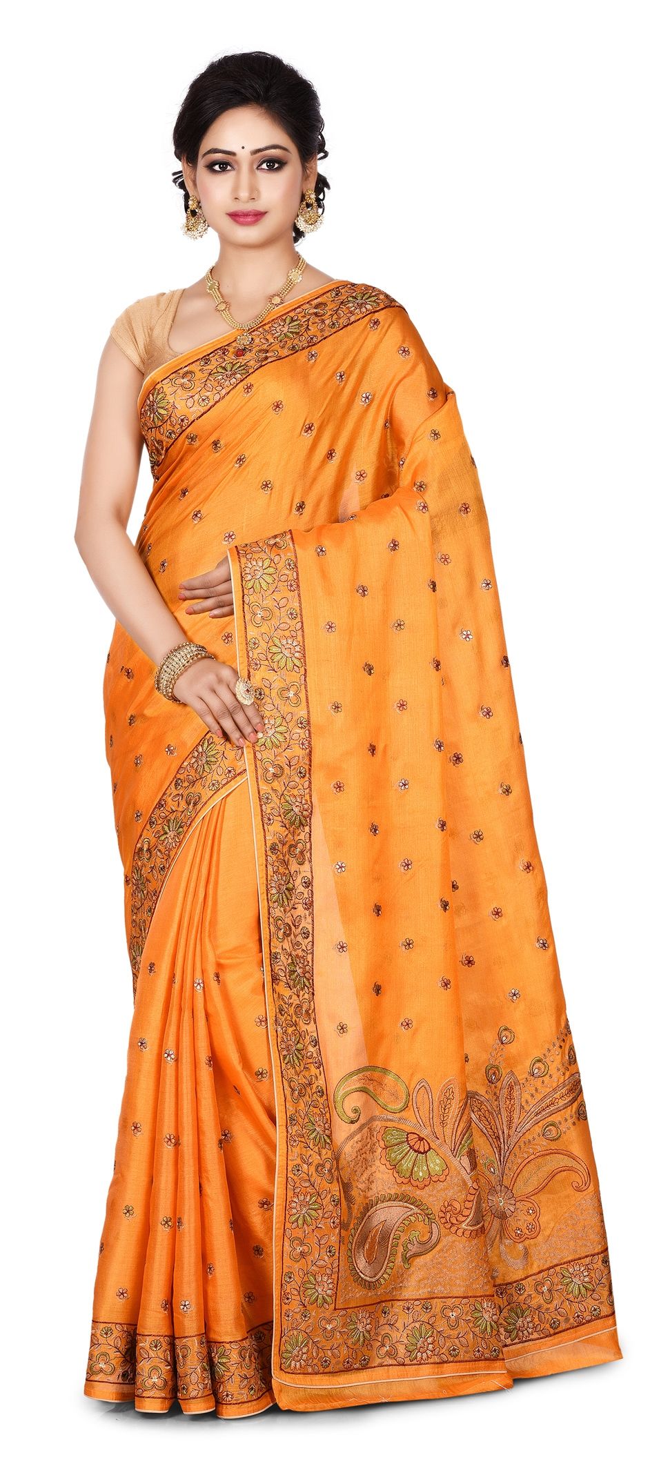 Orange Silk Meenakari Banarasi Saree Embellished With Ethnic Motifs main image 1