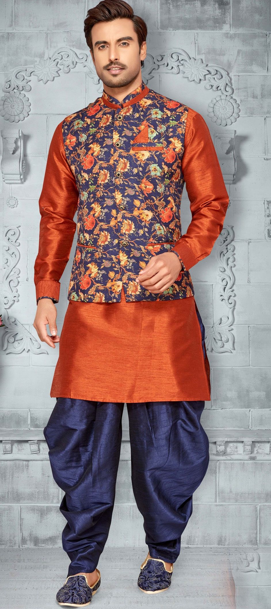 Blue, Orange color Dupion Silk fabric Dhoti Kurta with Jacket : 1547384
