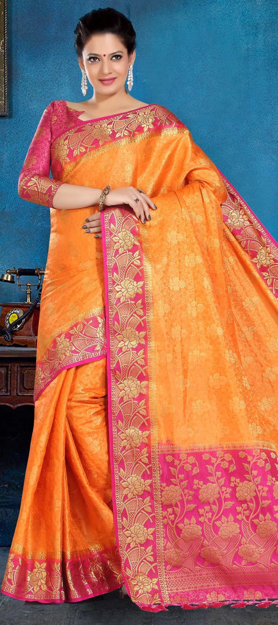 Handwoven Art Silk Saree -  Dusty Gray + Outrageous Orange