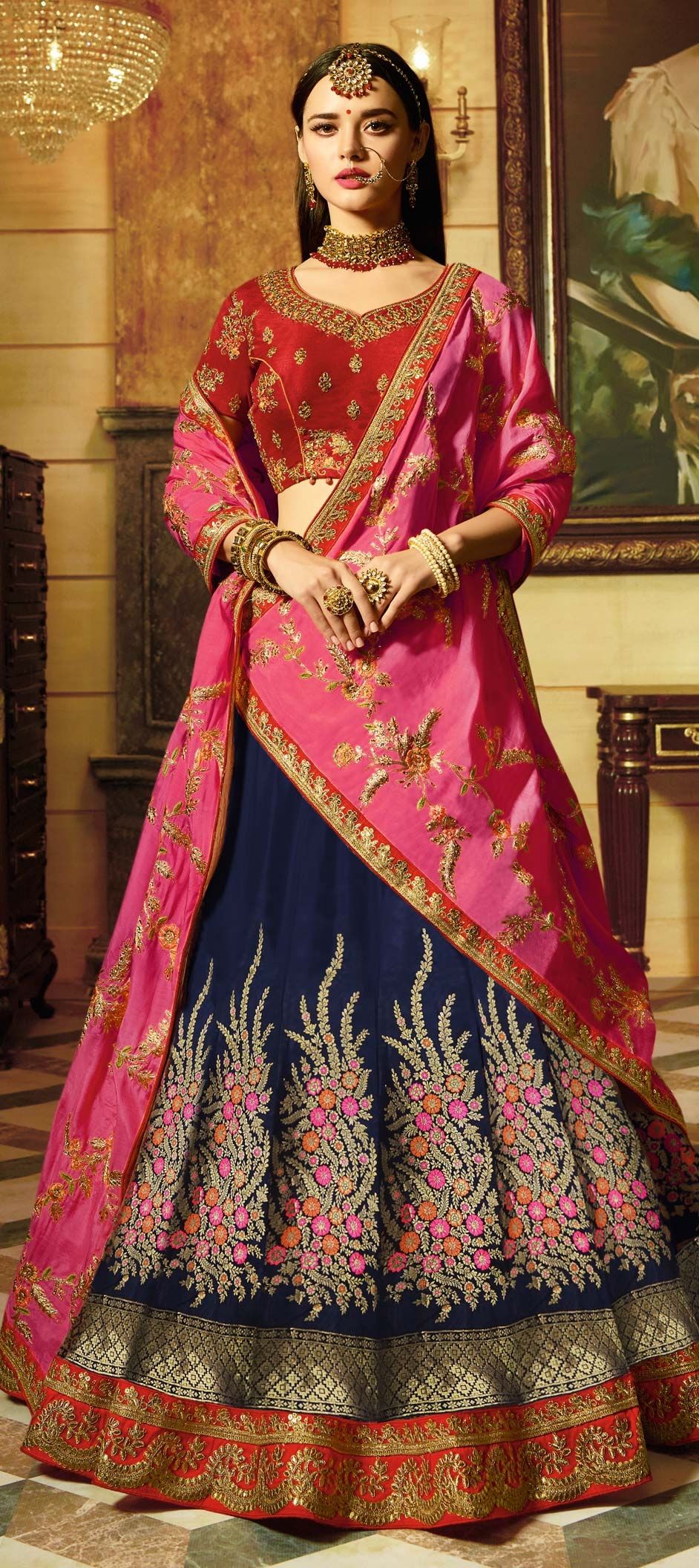 Buy online Embroidered Royal Blue And Pink Lehenga Set from ethnic wear for  Women by Janasya for ₹2049 at 44% off | 2024 Limeroad.com