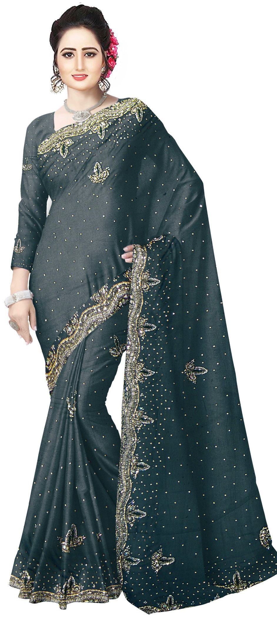 black saree stone work