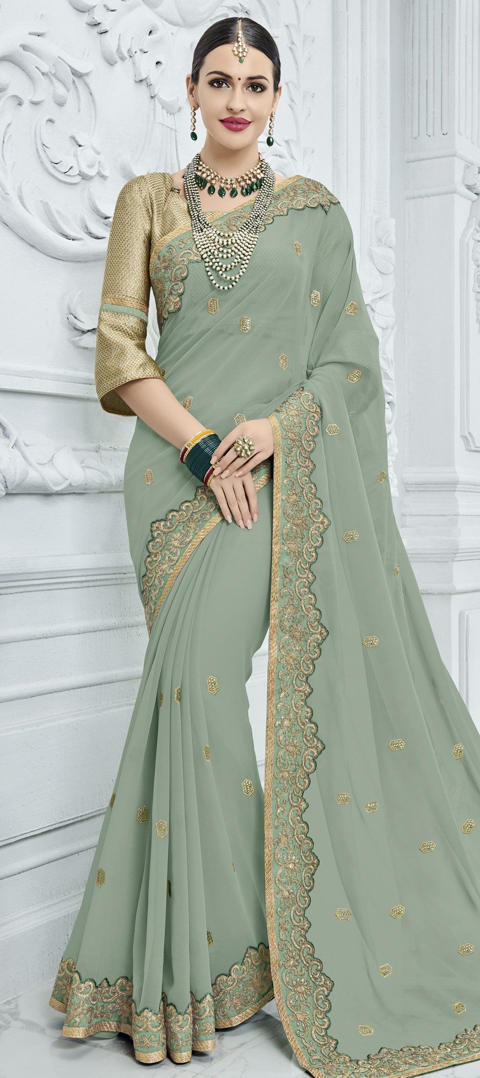 Green Color Sequined Georgette Party Wear Saree - Rent main image 0
