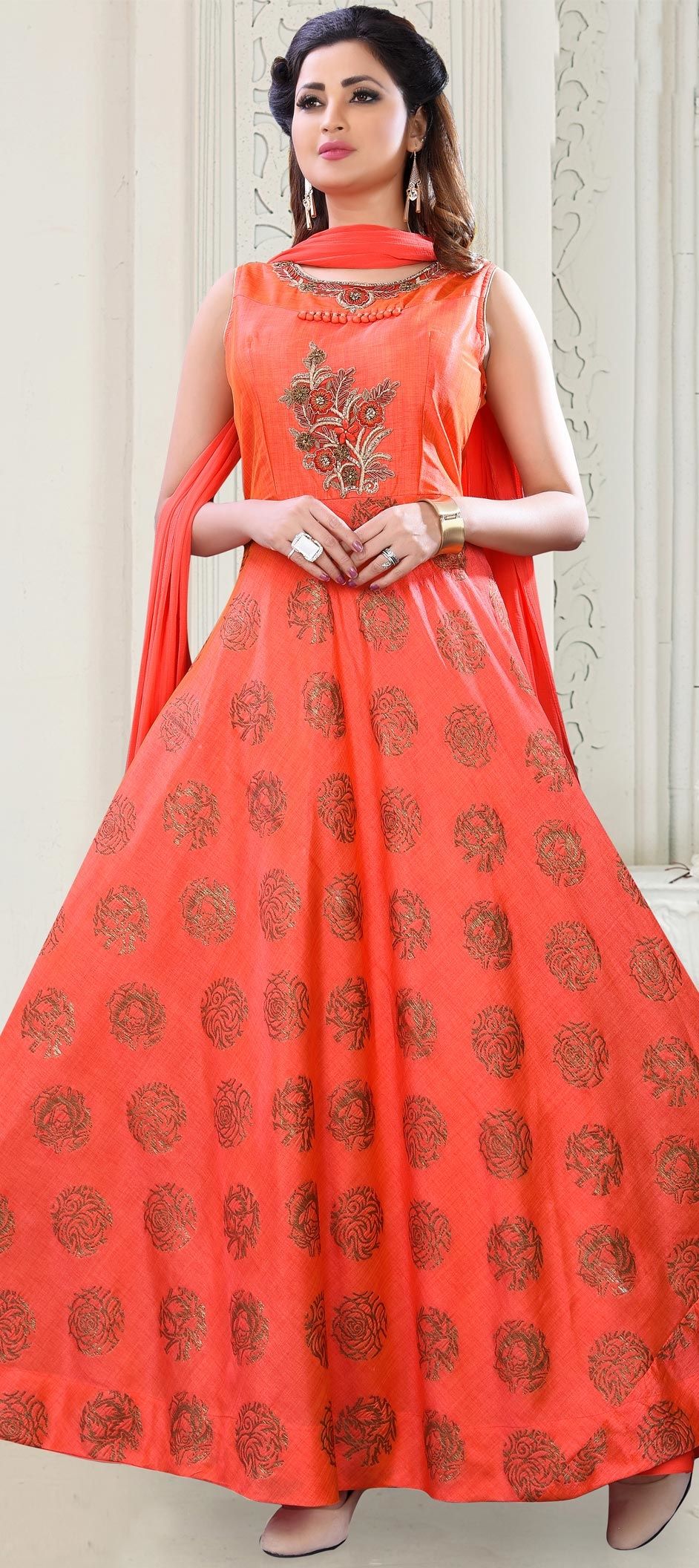 Party Wear Orange Color Silk Fabric Salwar Kameez