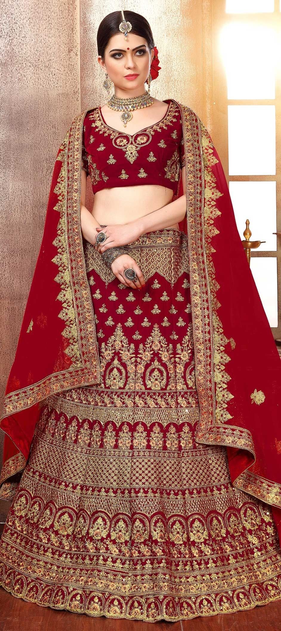 1553859 Bridal Red and Maroon color Velvet fabric Lehenga