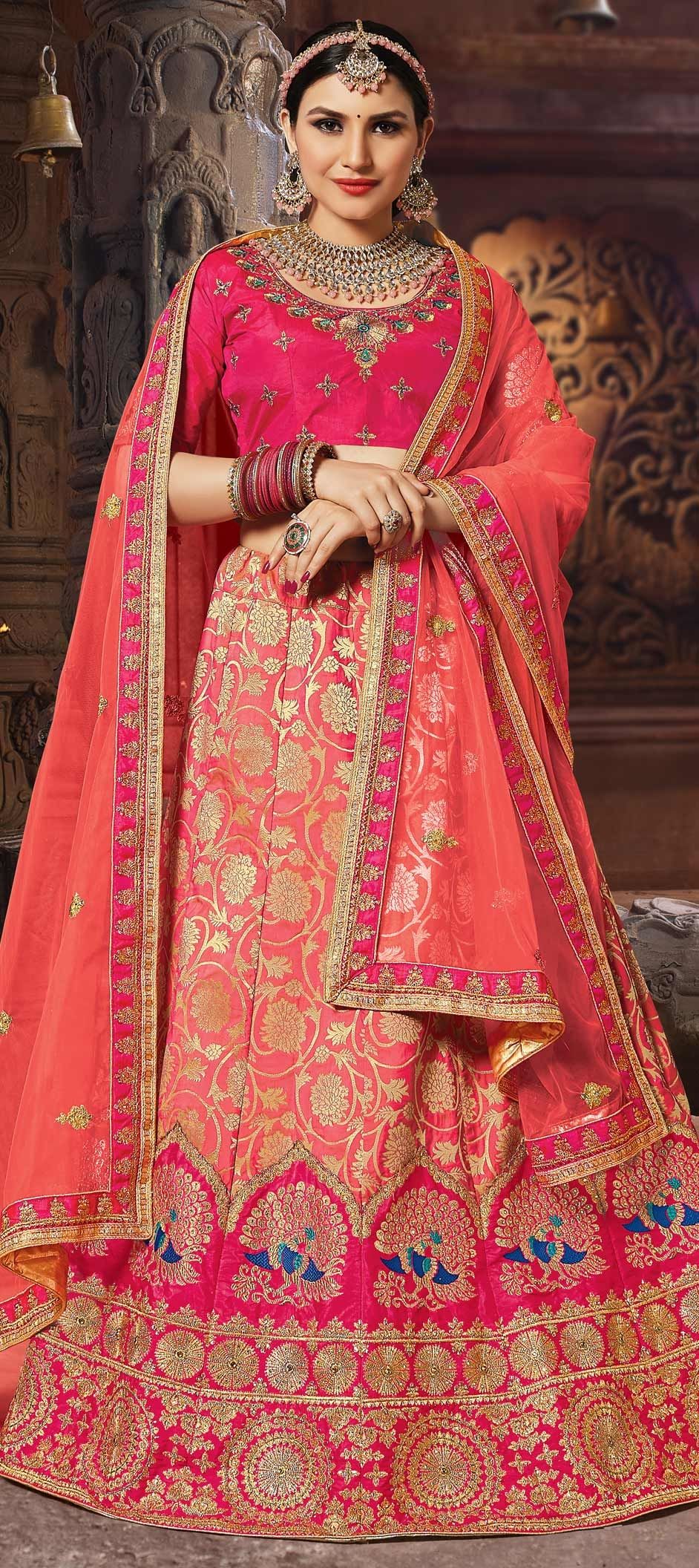 1555291 Wedding Pink and Majenta color Silk fabric Lehenga