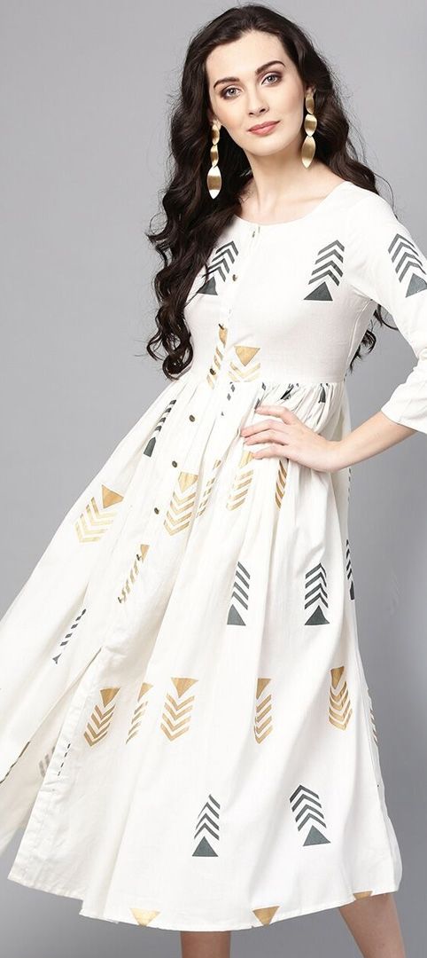 Off White Floral Weave Cotton Straight Kurti