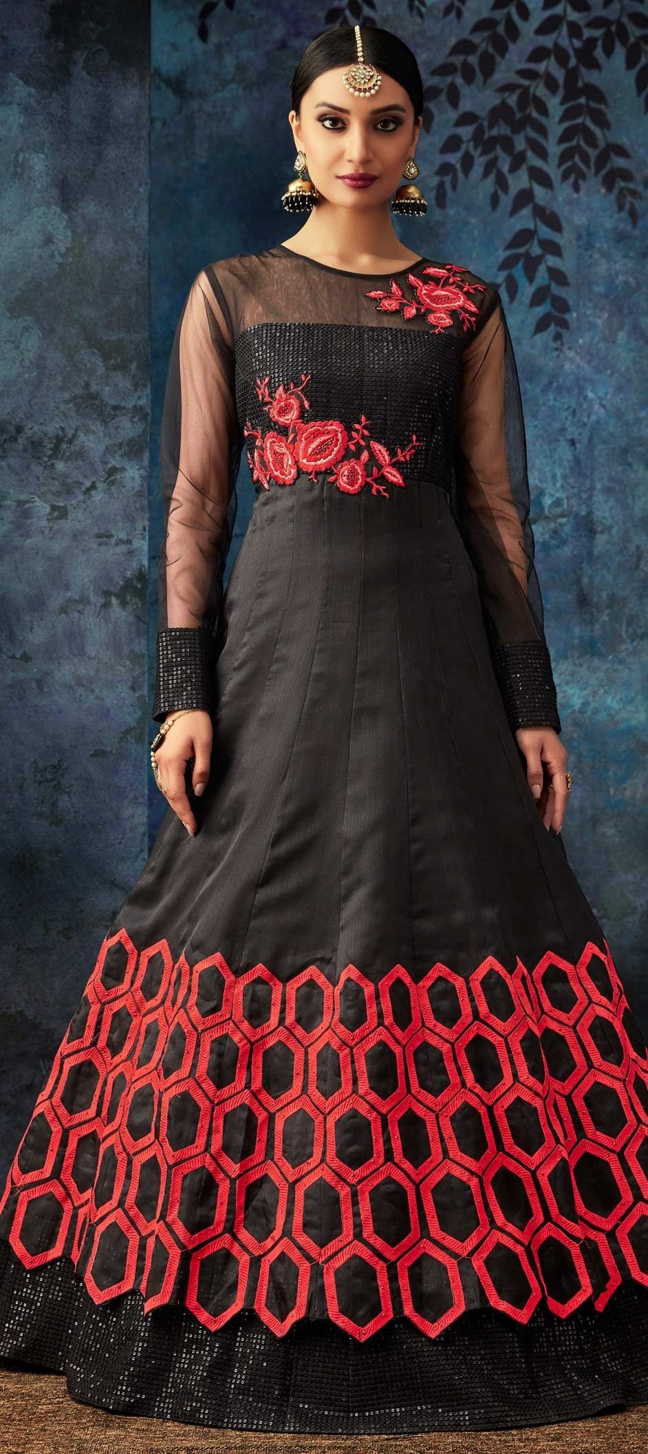 Bridal Black and Grey color Organza Silk fabric Salwar Kameez : 1556938