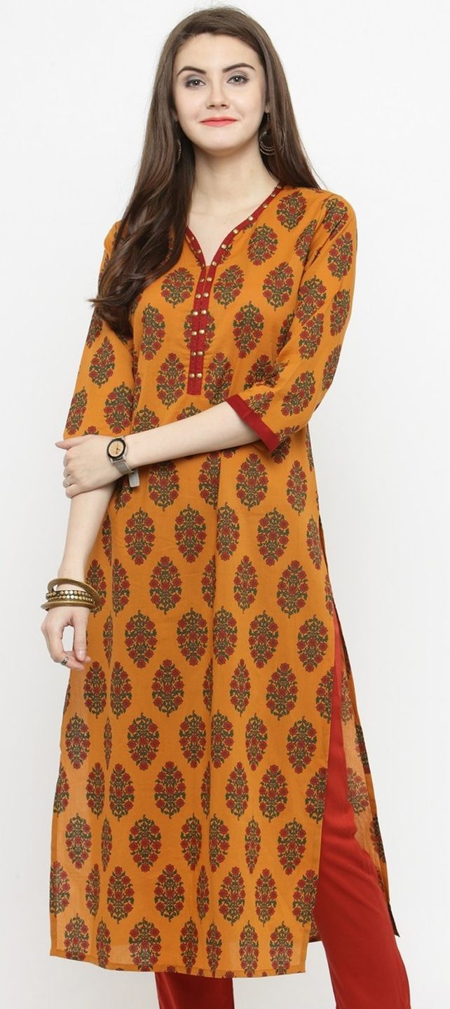 Orange Floral Sleeveless Kurti with Pocket main image 1