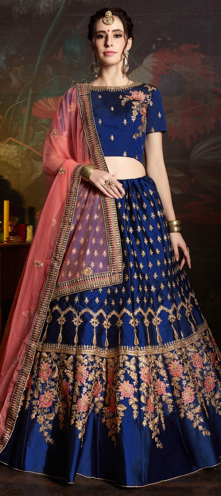 1561628 Mehendi Sangeet Party Wear Reception Blue Color Satin Silk Fabric Lehenga 2091