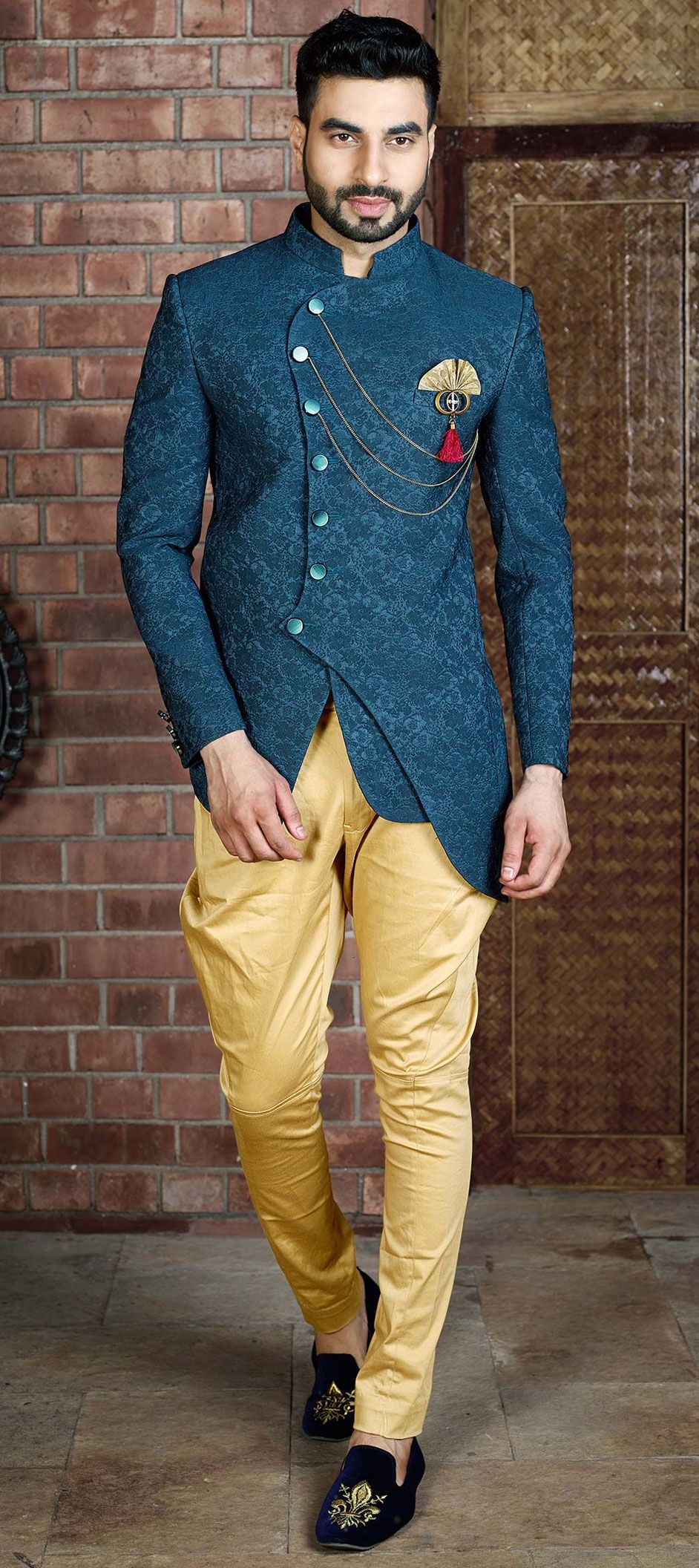 Blue color Brocade fabric Jodhpuri Suit : 1561653