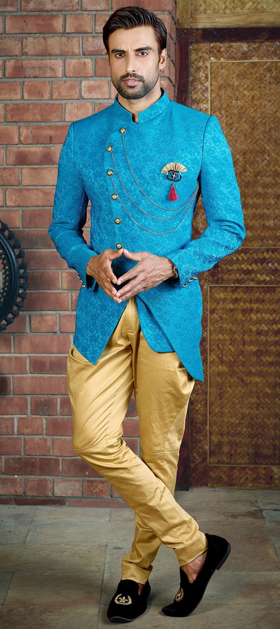 1561654: Blue color Brocade fabric Jodhpuri Suit