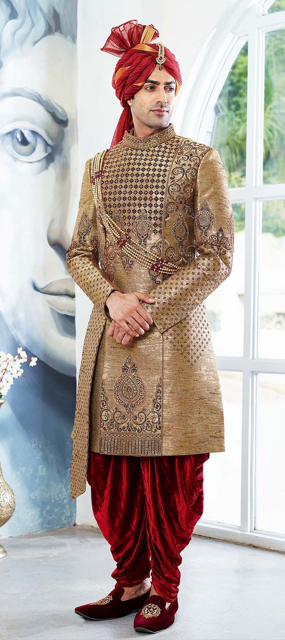 Gold color Brocade fabric Sherwani : 1561680