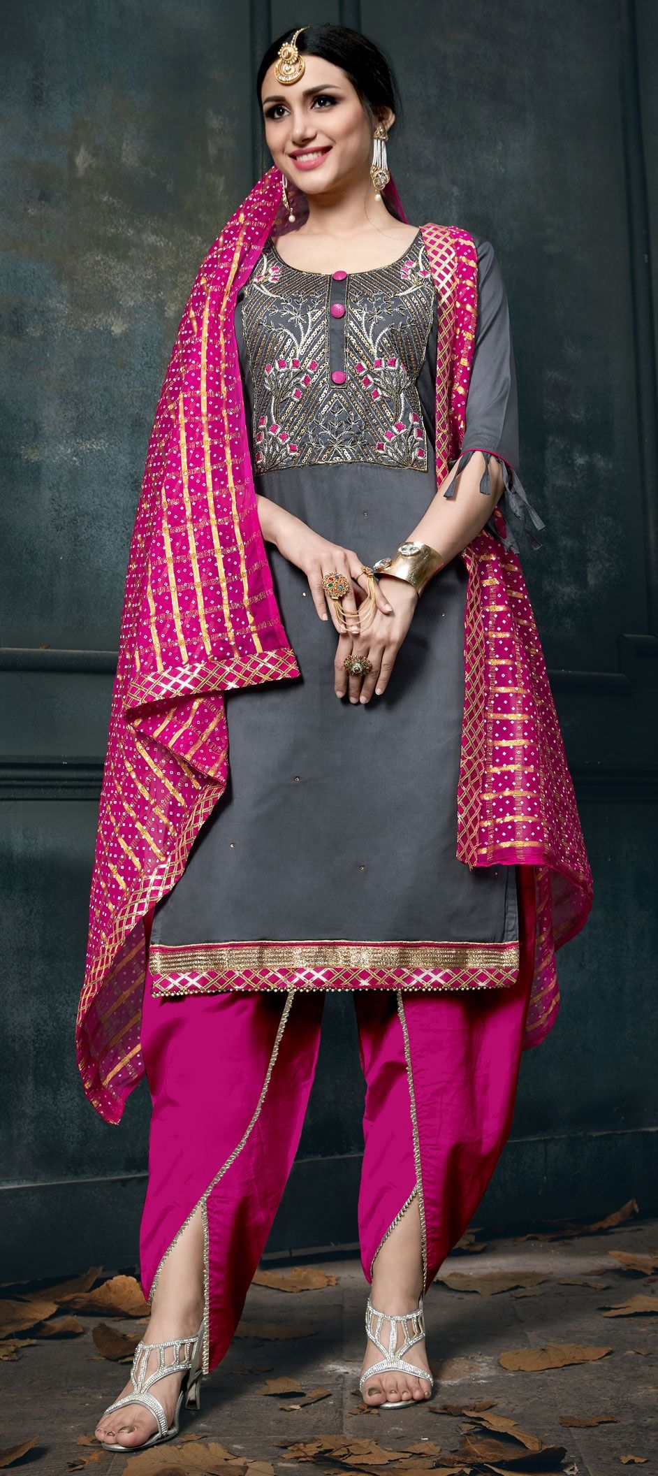 Casual, Party Wear Black and Grey color Cotton fabric Salwar Kameez
