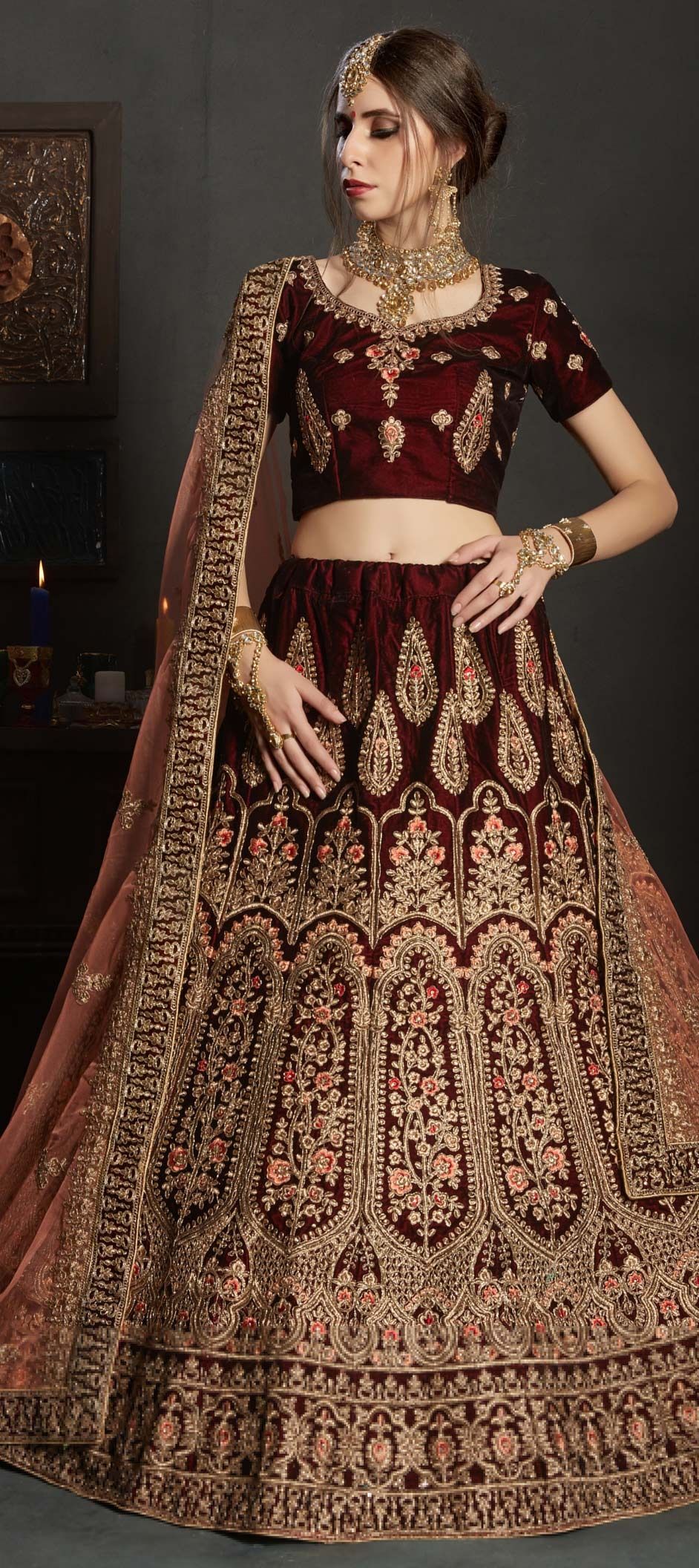 1562388 Bridal, Wedding Red and Maroon color Velvet fabric Lehenga