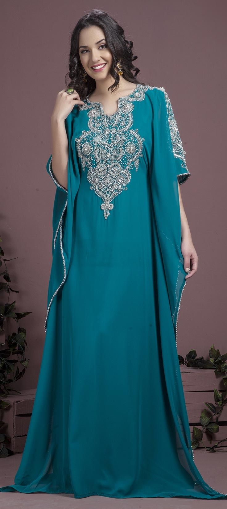 Green color Crepe Silk, Georgette fabric Kaftan : 1564780