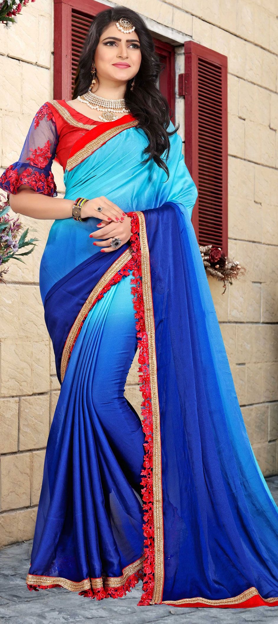 Casual, Party Wear Blue color Faux Chiffon fabric Saree 1565957