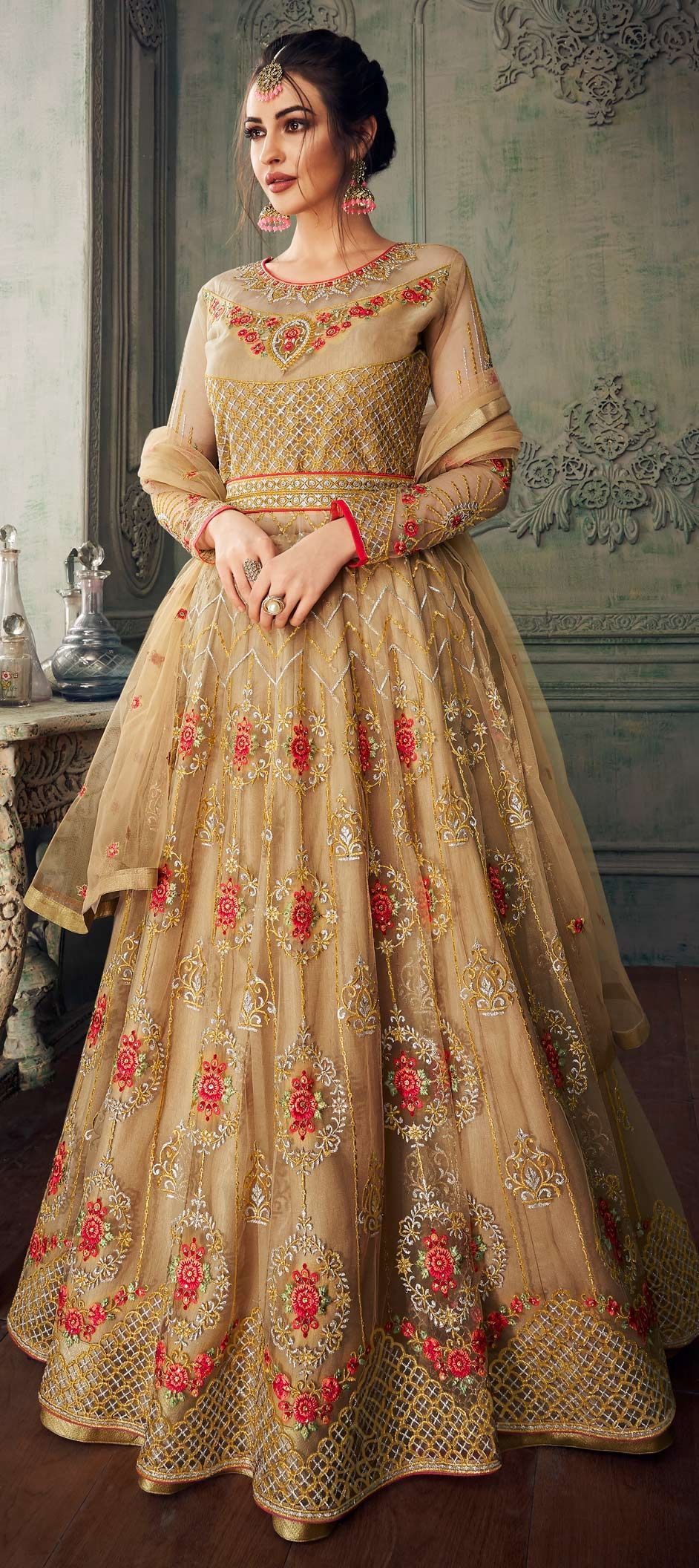 Engagement, Party Wear, Reception Beige and Brown color Net fabric Long Lehenga Choli : 1566041