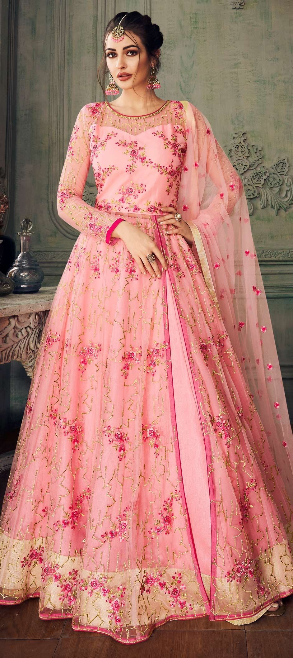 Engagement Party Wear Reception Pink And Majenta Color Net Fabric Long Lehenga Choli