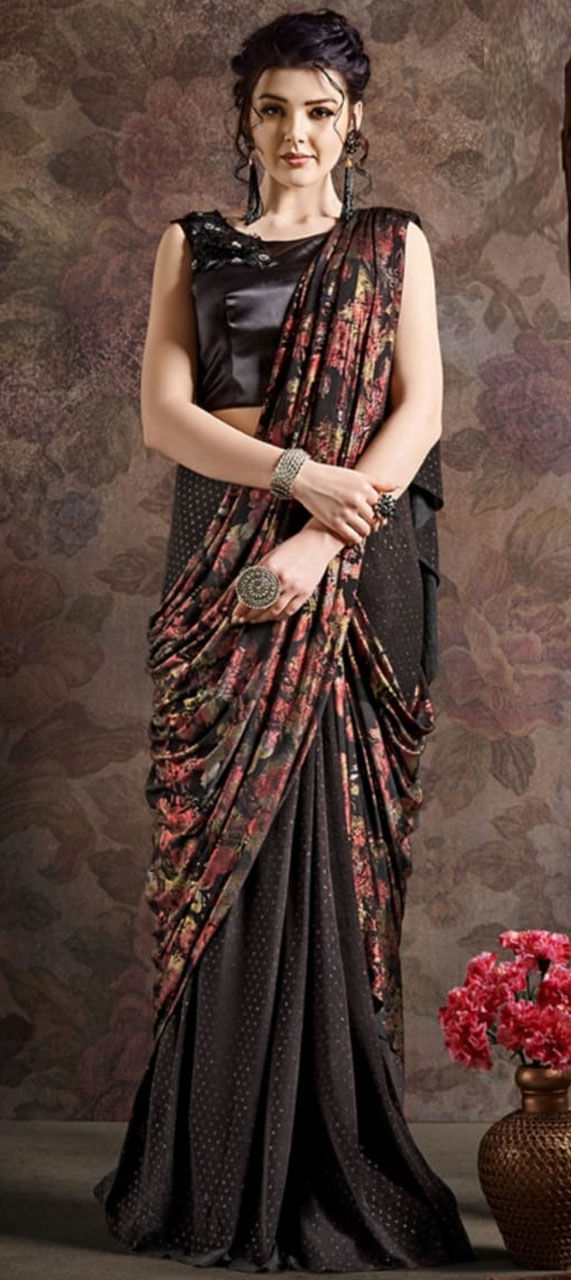 Designer, Festive, Party Wear, Reception Black and Grey color Readymade Saree in Lycra fabric with Draped Patch, Printed work : 1566198