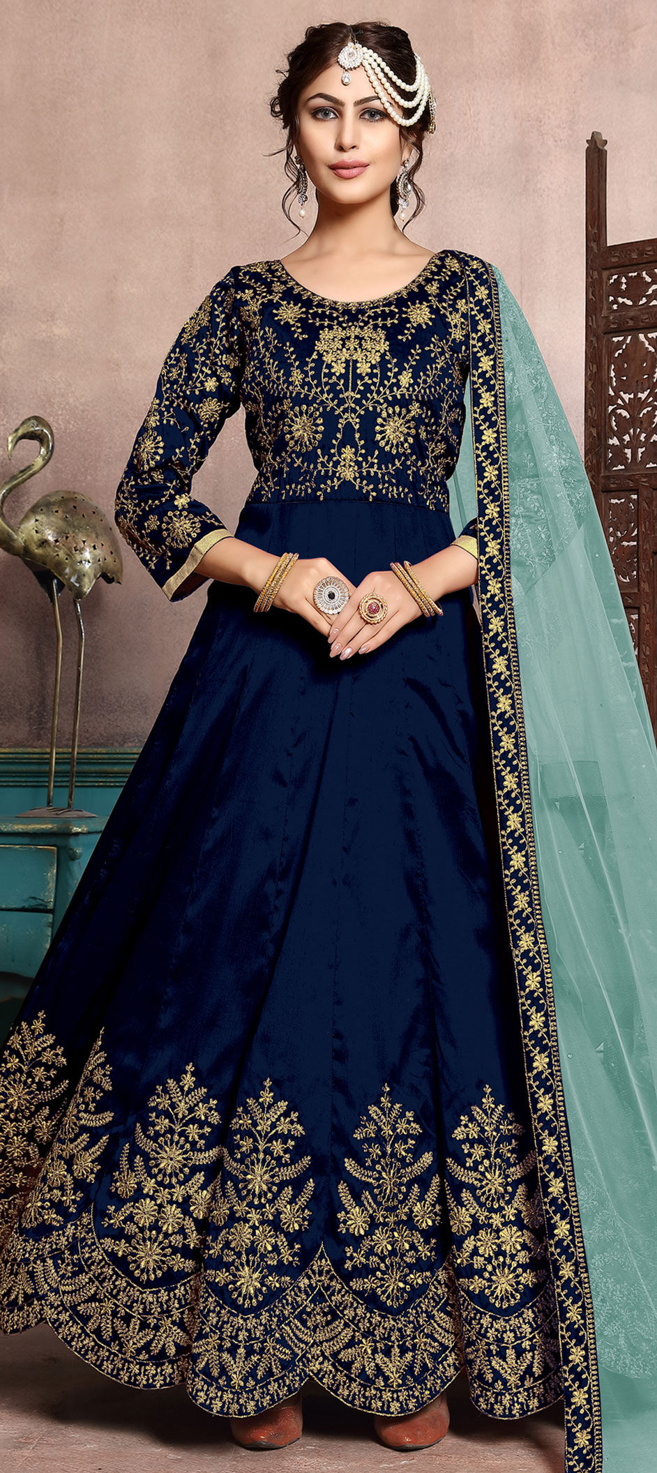 Blue Dola Jacquard Silk Festival Salwar Kameez