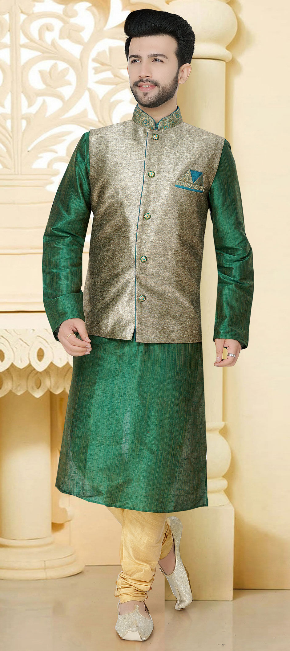 green kurta pajama with jacket