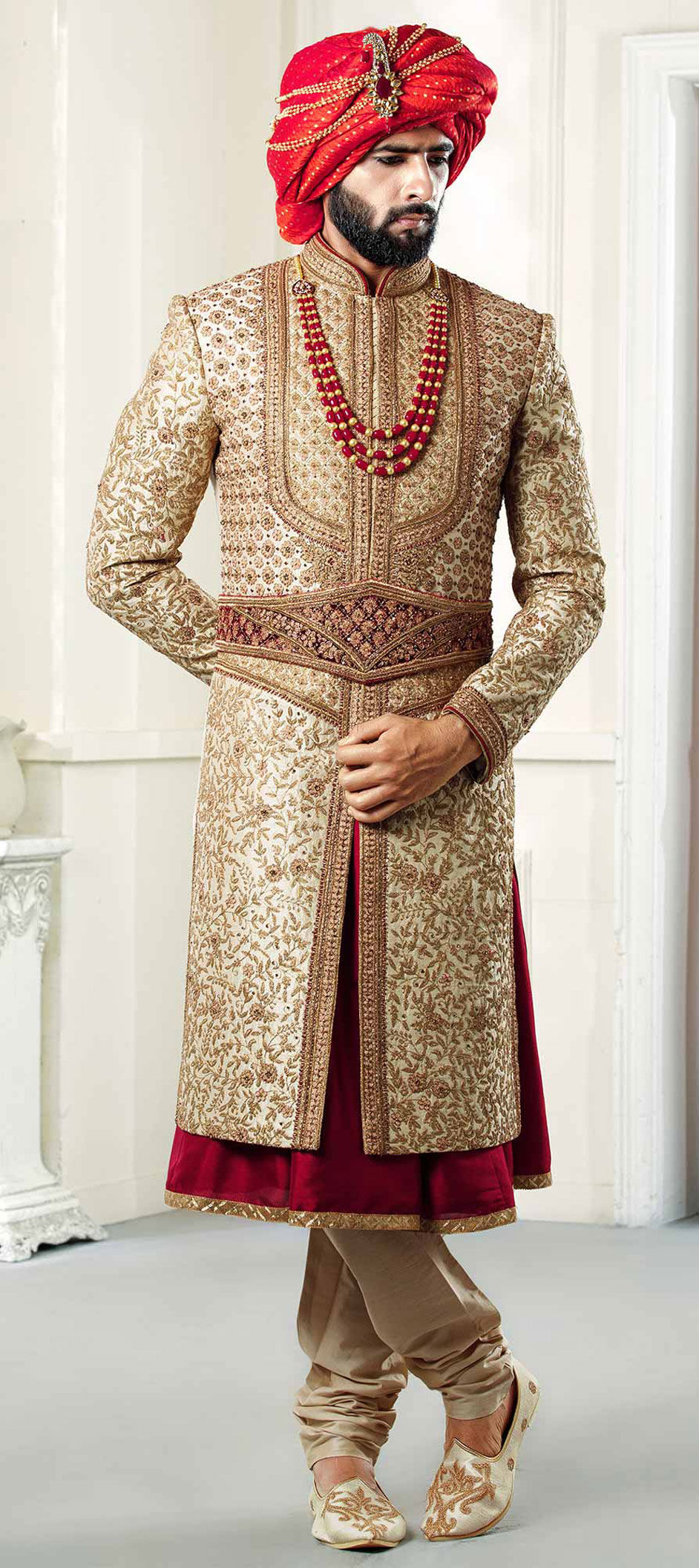 Gold Red And Maroon Color Silk Fabric Sherwani