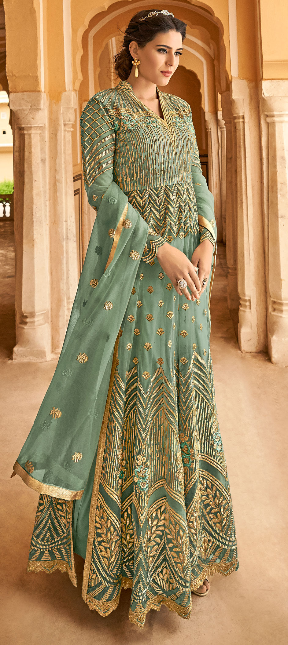 Festive, Party Wear, Reception Green color Net fabric Salwar Kameez ...