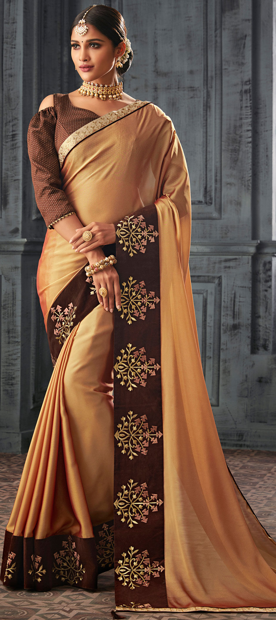 party wear sarees in golden colour