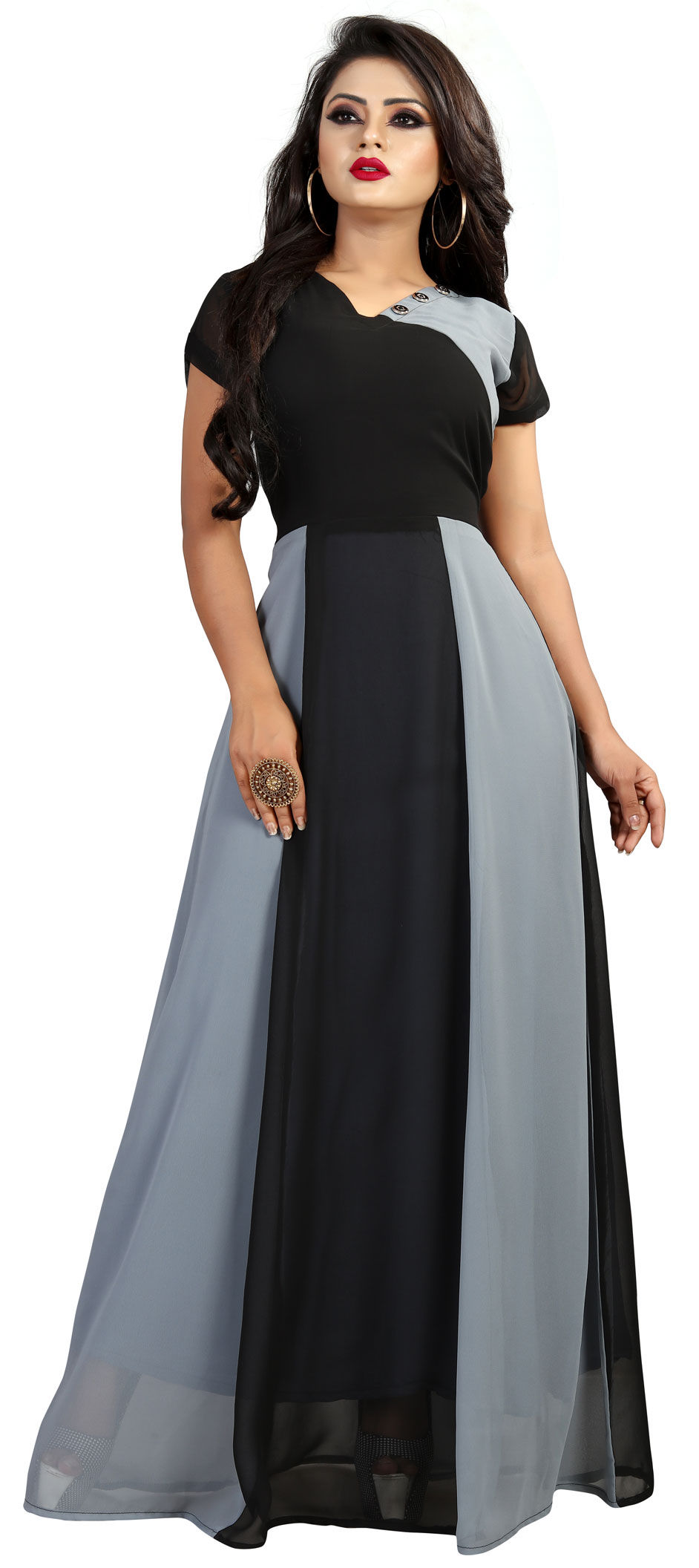 Casual, Party Wear Black and Grey color Georgette fabric Gown : 1568980
