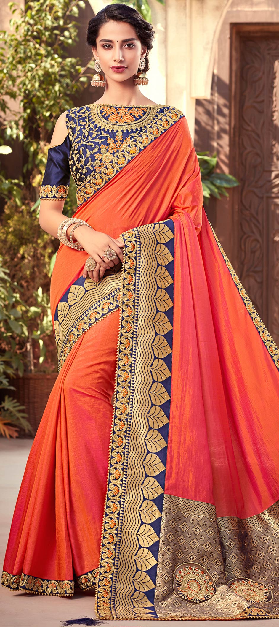 Party Wear, Traditional Orange color Jacquard fabric Saree 1569759