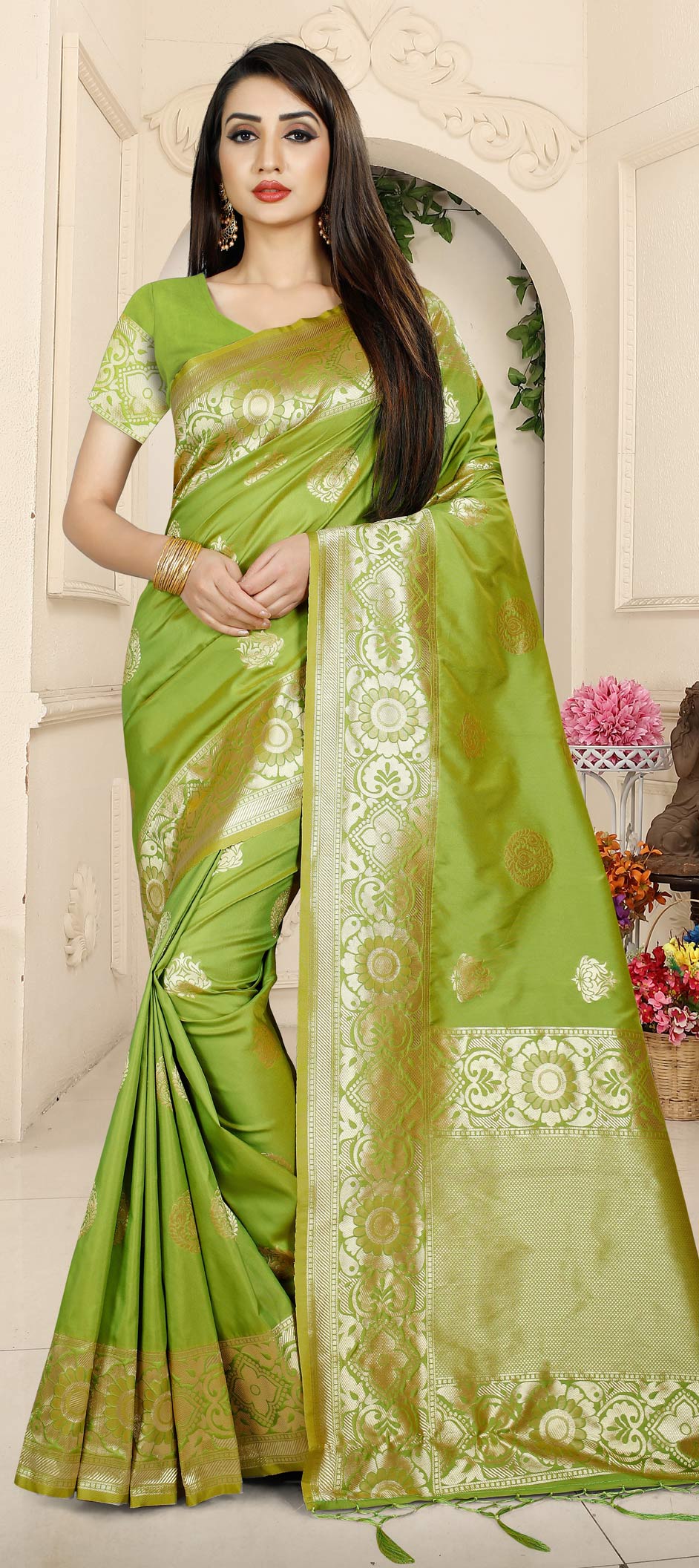 Party Wear, Reception, Traditional Green color Banarasi Silk, Silk