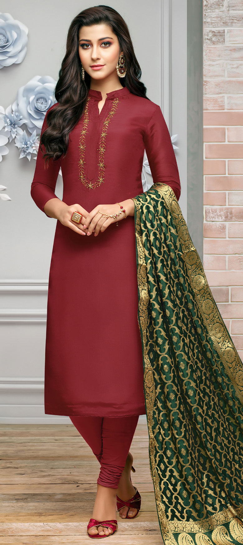 Casual Party Wear Red And Maroon Color Silk Fabric Salwar Kameez