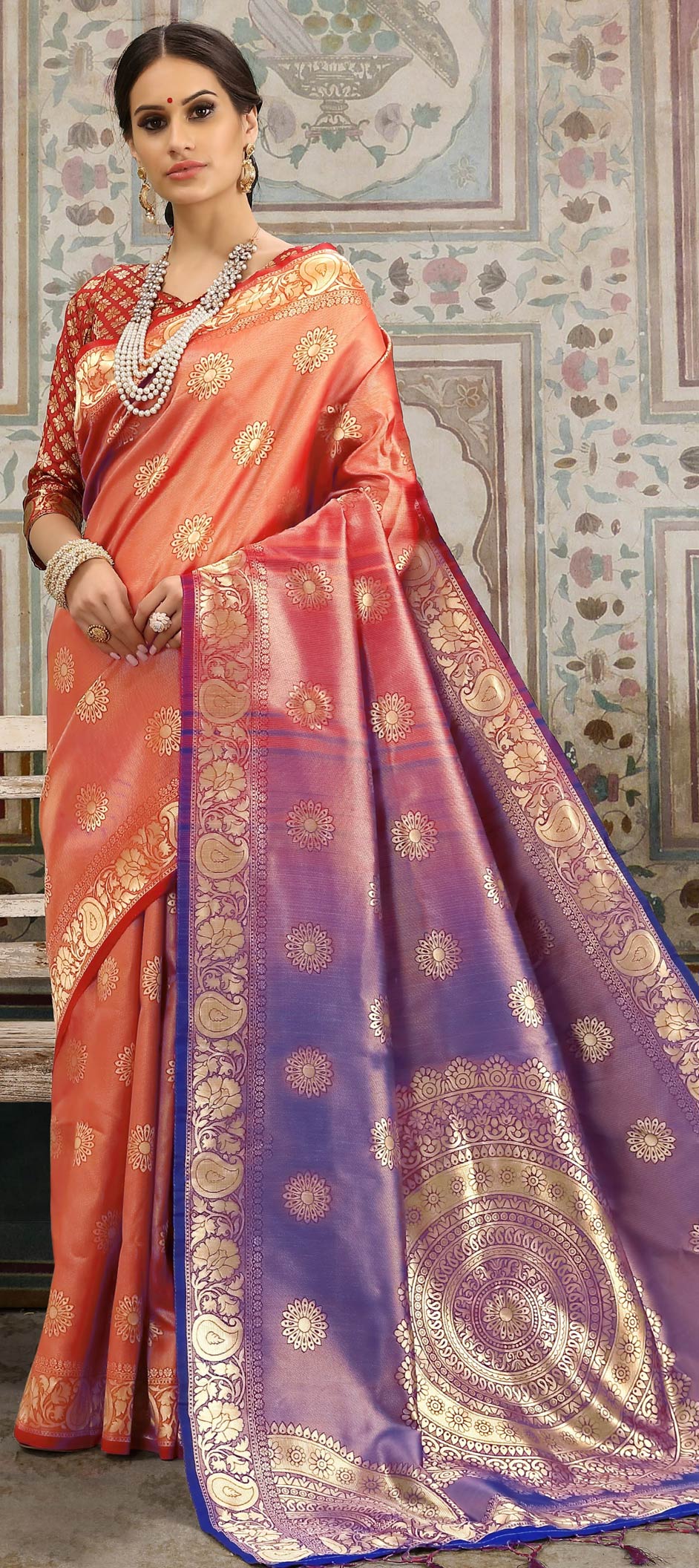 Party Wear, Reception, Traditional Orange color Kanjeevaram Silk, Silk