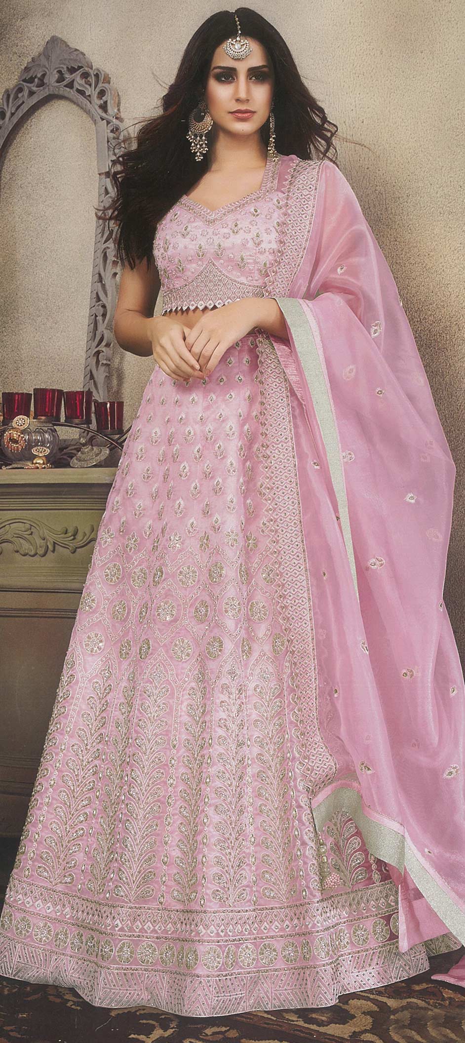 Mehendi Sangeet, Reception, Traditional Pink and Majenta color Lehenga in Organza Silk, Silk fabric with A Line Embroidered, Mirror, Resham, Thread work : 1573944