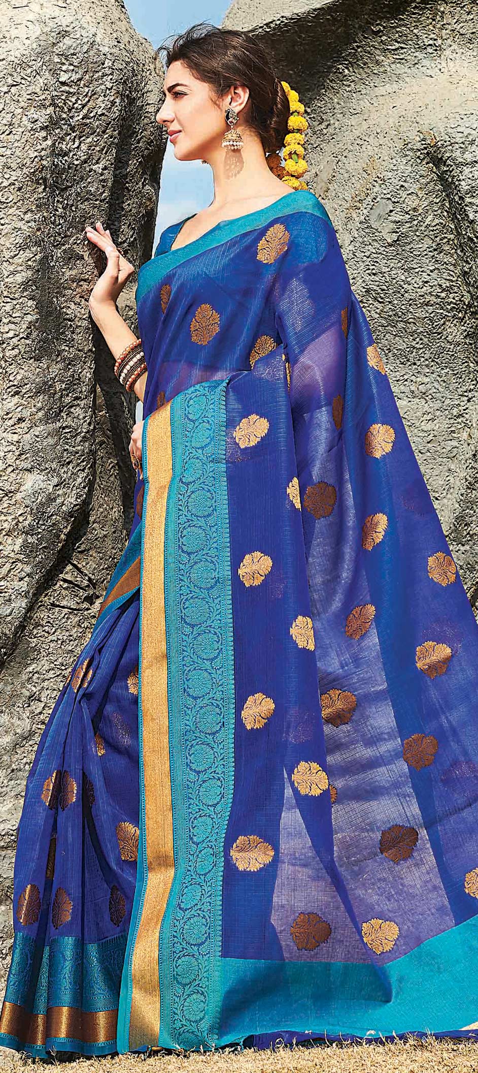 Traditional Blue Color Cotton Fabric Saree 1573971