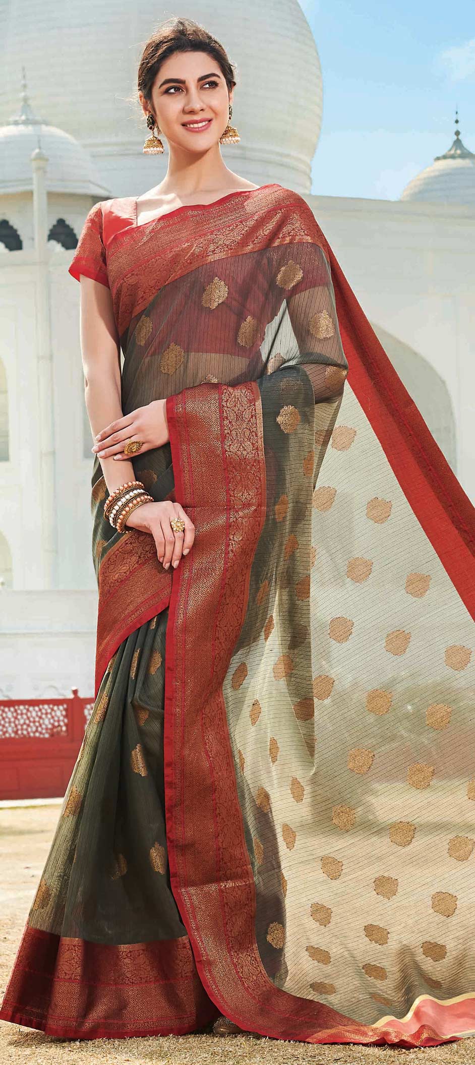 Traditional Green, Red and Maroon color Cotton fabric Saree : 1574010