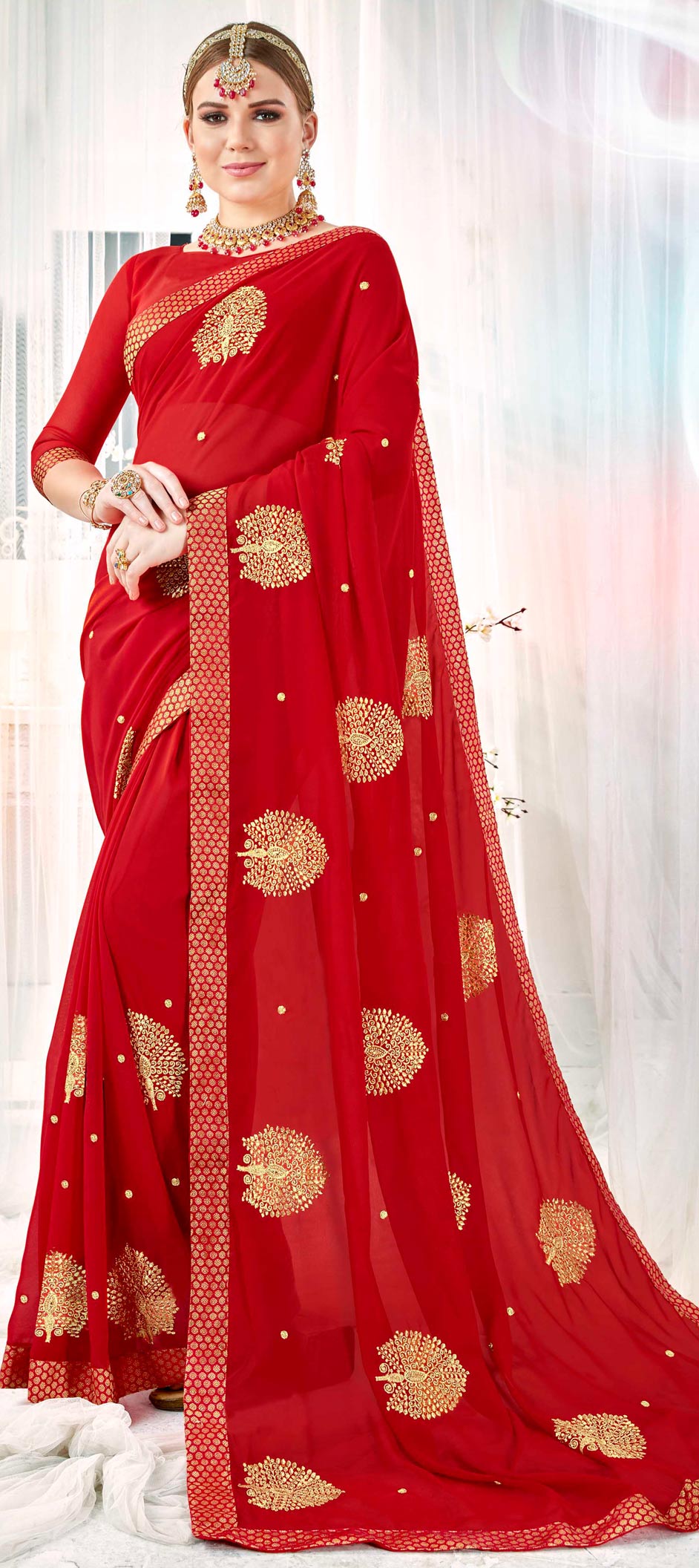 Party Wear Red And Maroon Color Faux Georgette Fabric Saree