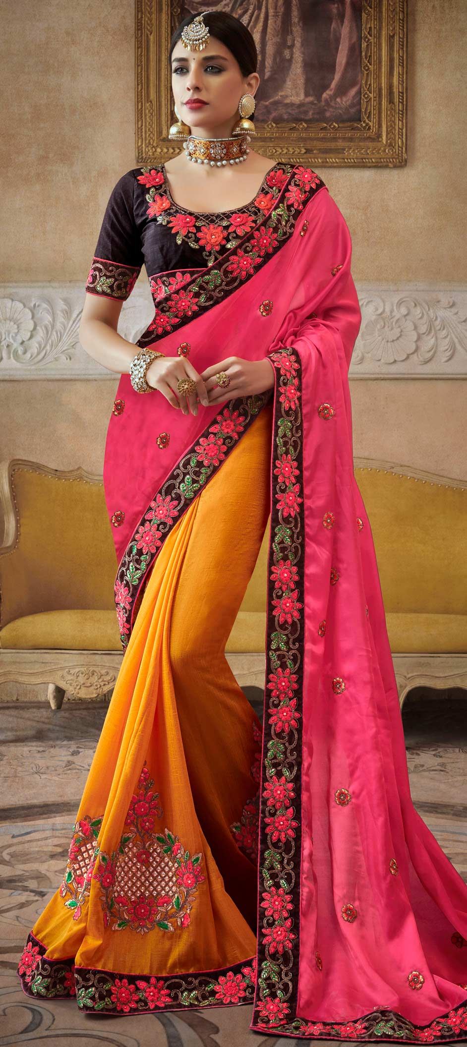 Orange & Rose Pink Cocktail Party Wear Readymade Saree
