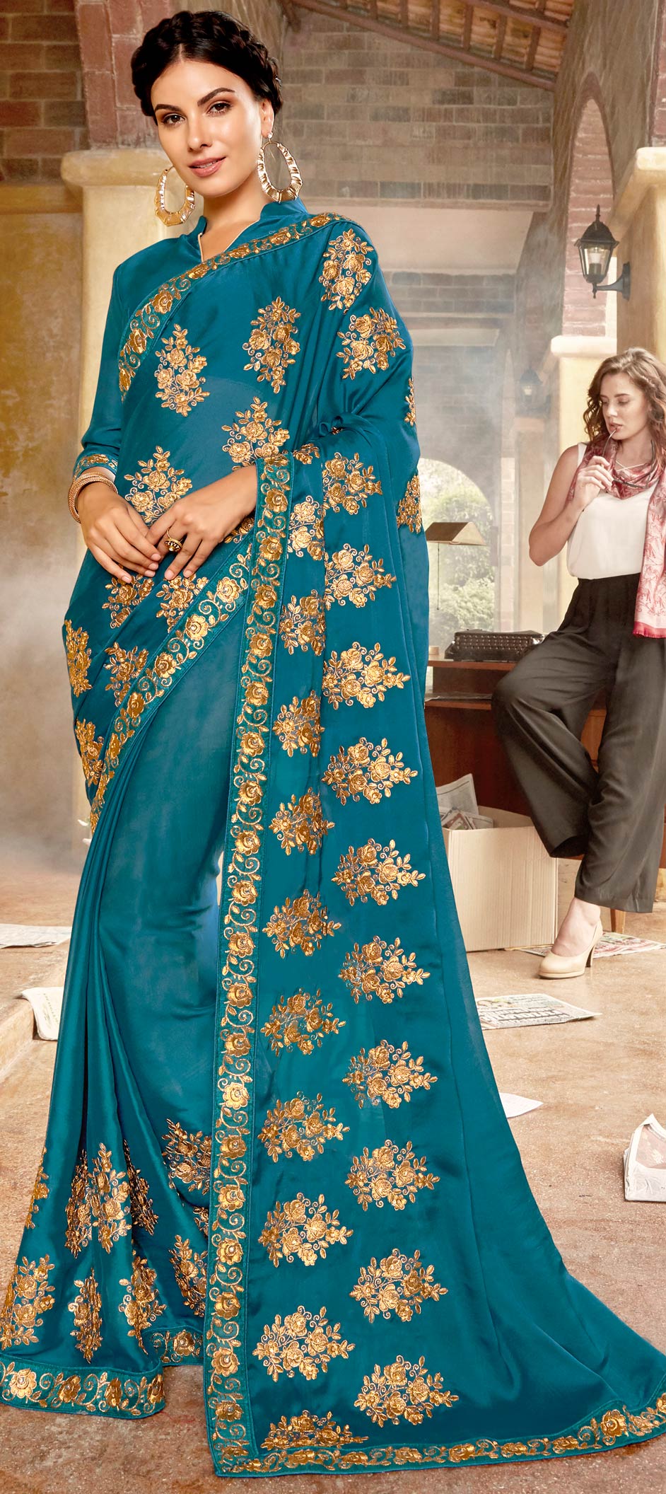 Party Wear Blue Color Georgette Fabric Saree 1575150