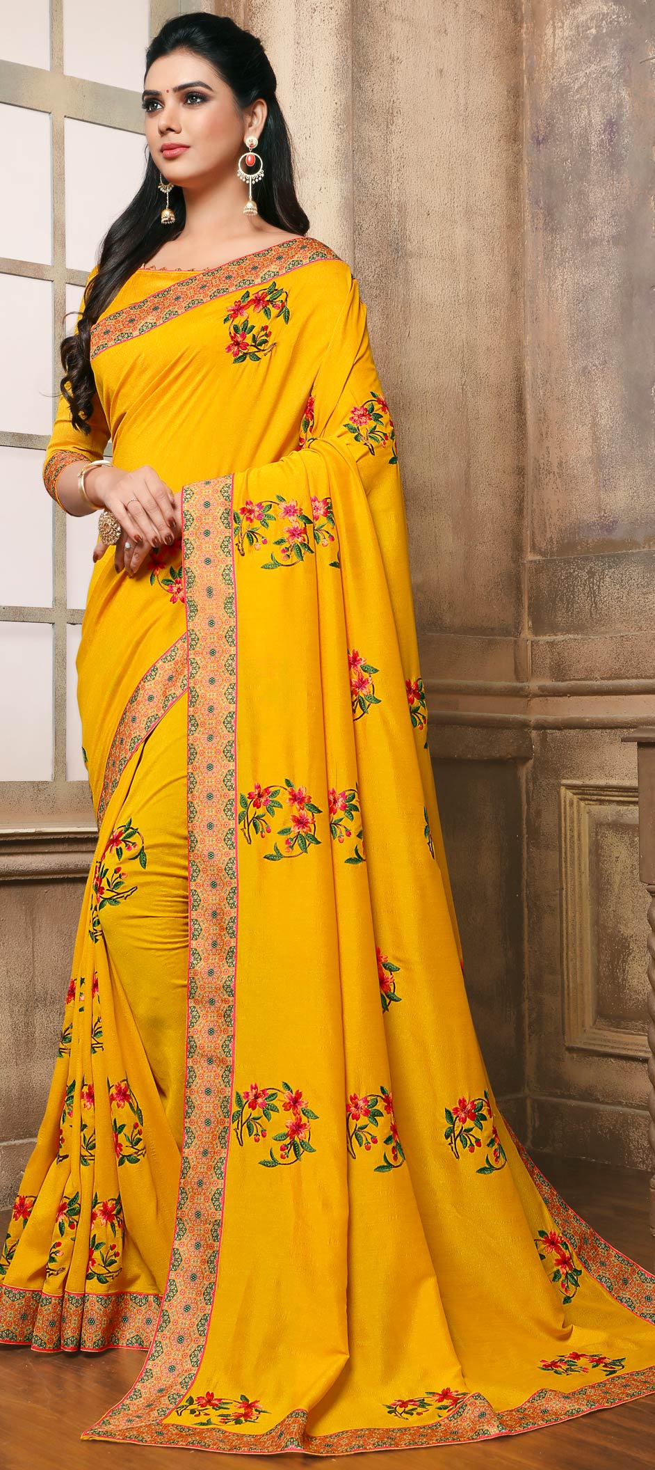 Party Wear, Traditional Yellow color Art Silk, Silk fabric Saree 1576583
