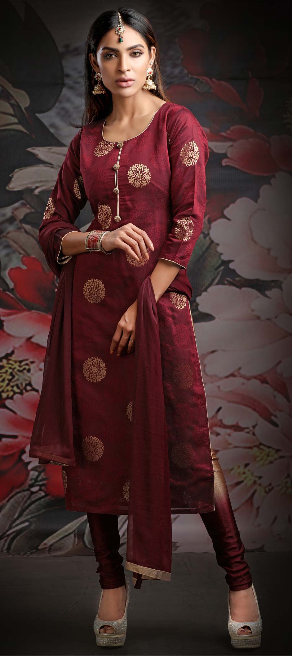 Party Wear Red And Maroon Color Jacquard Fabric Salwar Kameez