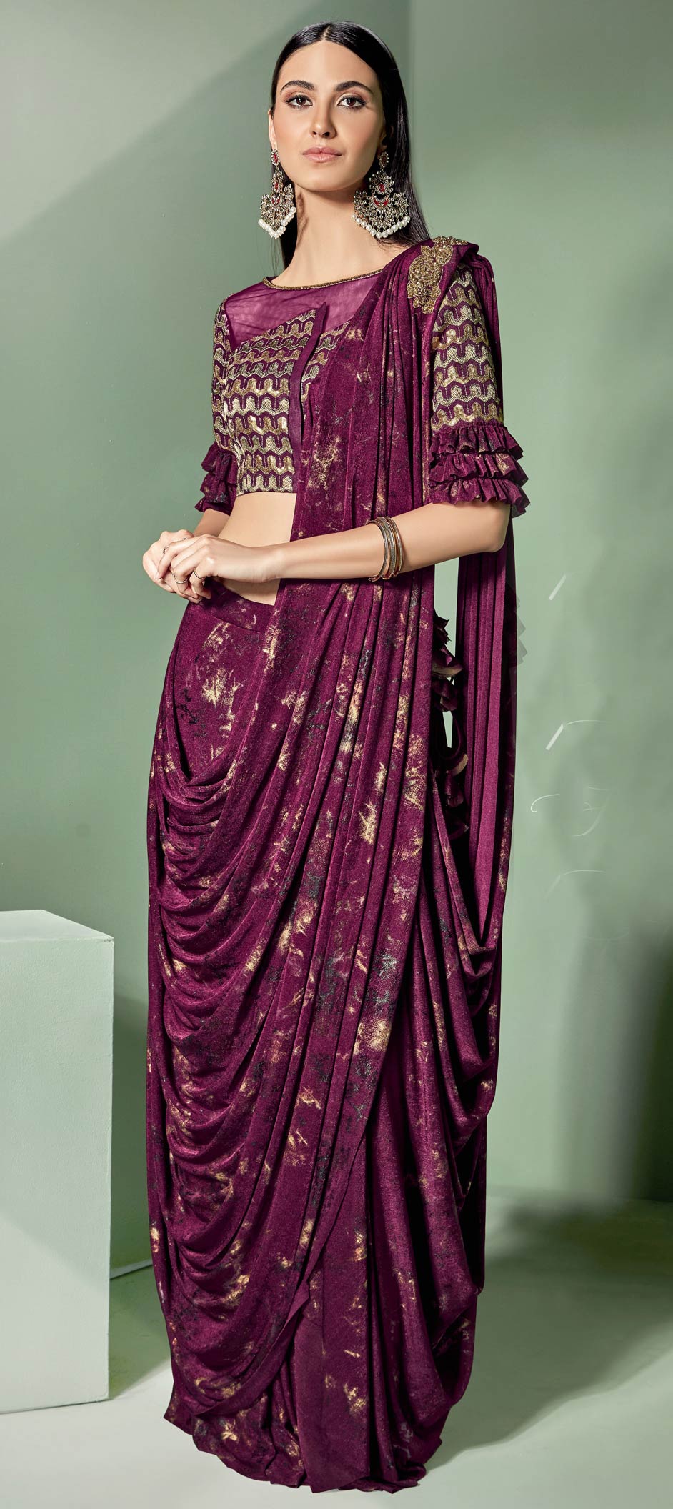 Party Wear Wedding Purple And Violet Color Lycra Fabric Readymade Saree 1577343 