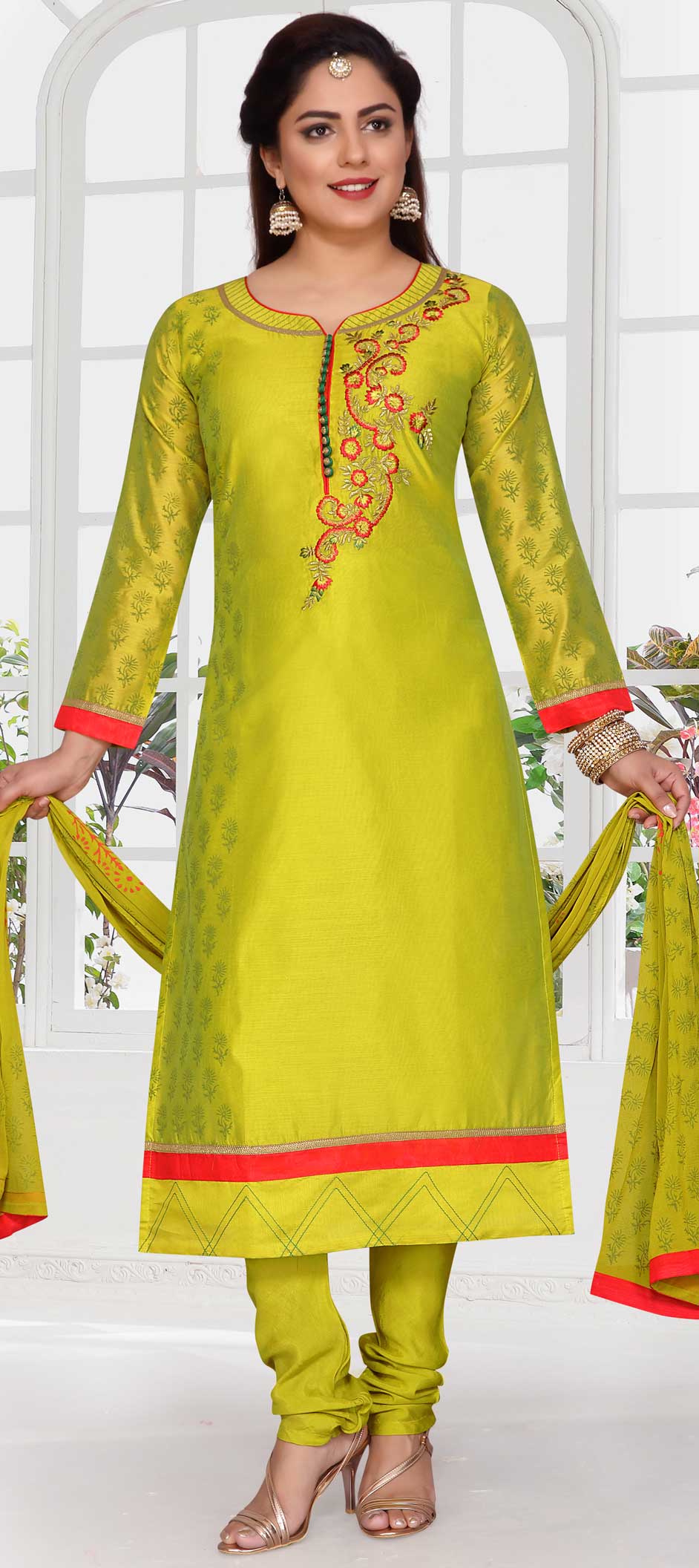Fashionable Green Cotton Silk Designer Party Wear Readymade Salwar Suit With Green Chanderi