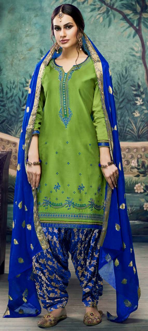 Party Wear Green color Cotton, Satin Silk fabric Salwar Kameez 1580174