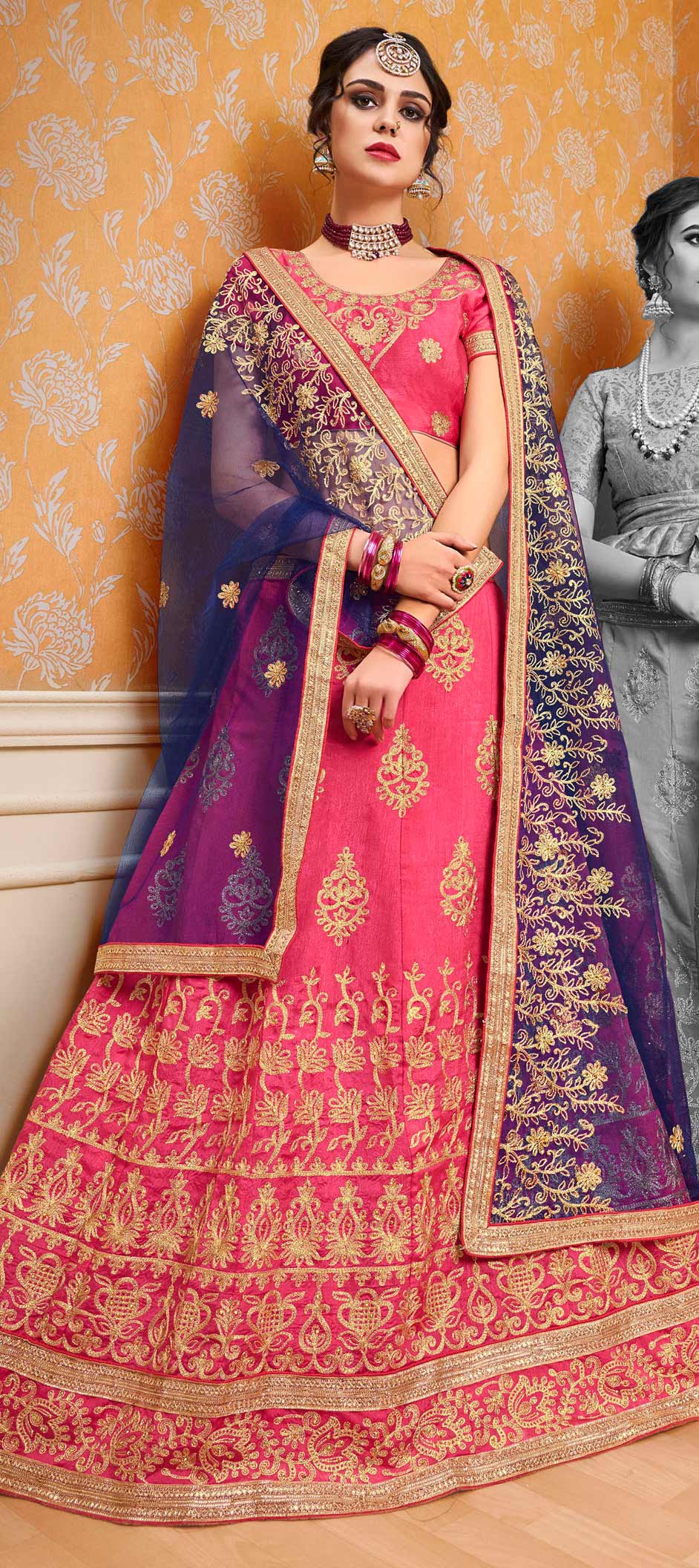 Party Wear, Reception Pink and Majenta color Bangalore Silk fabric