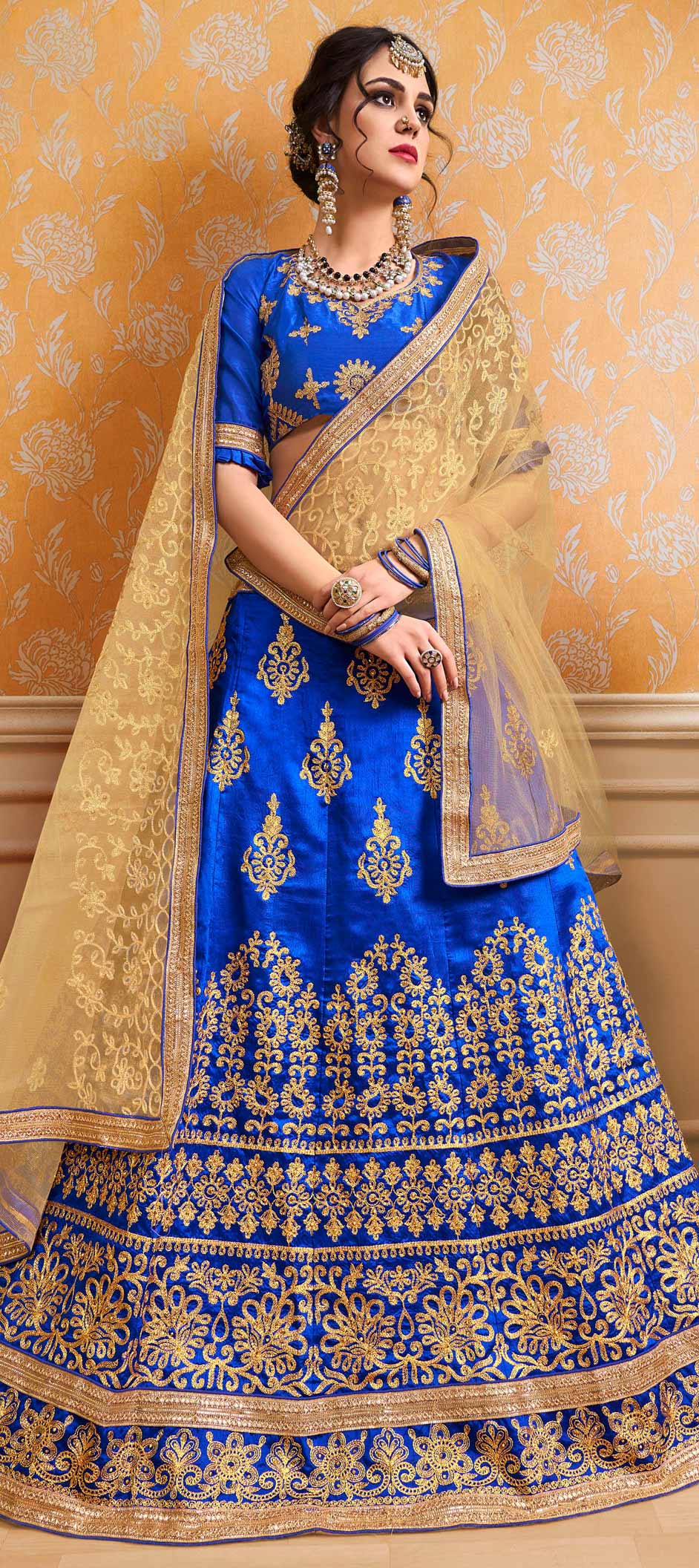 Party Wear, Reception Blue color Bangalore Silk fabric Lehenga 1581029